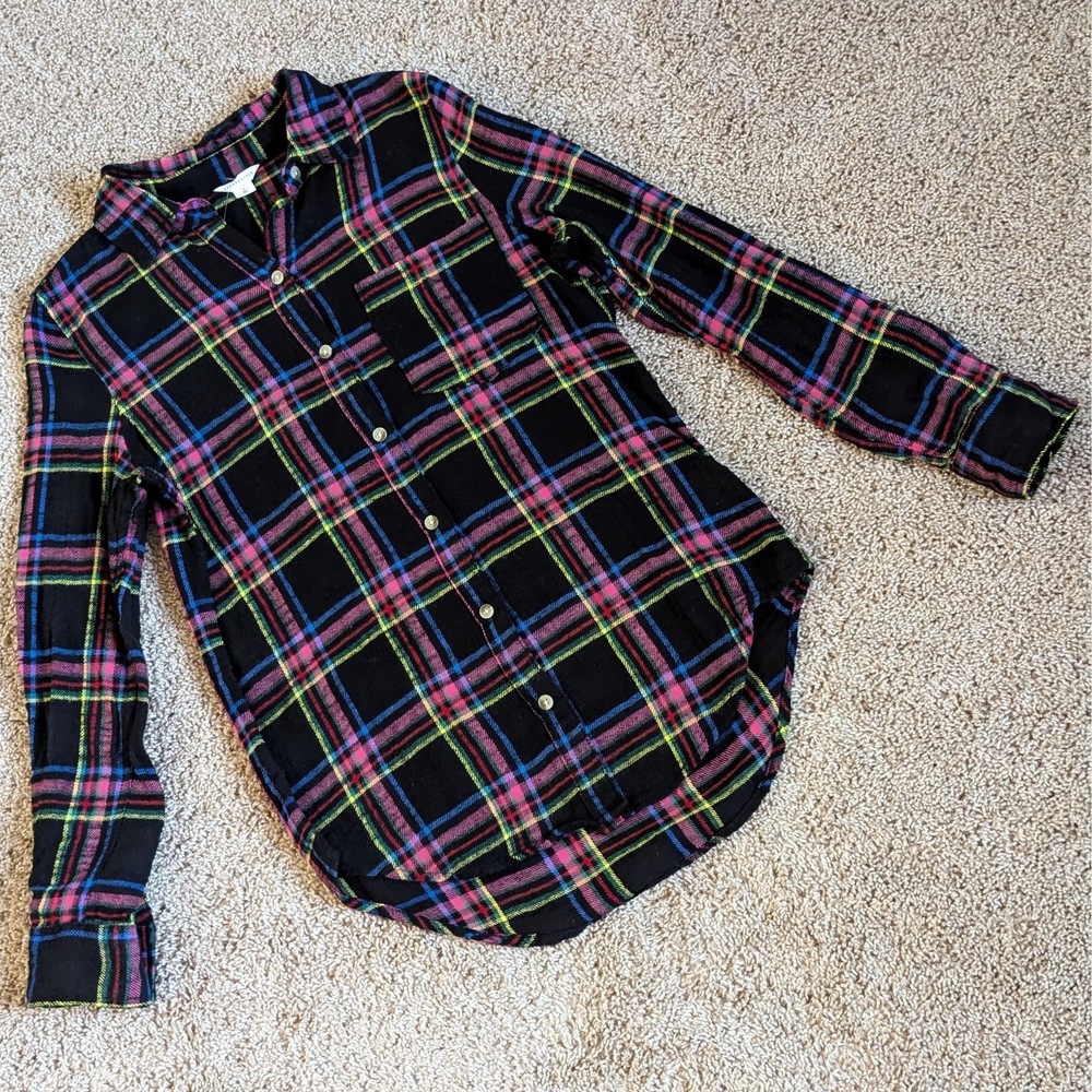 Aeropostale Flannel Womens S Black Plaid Cotton Button Down Fall Cozy Casual NWT